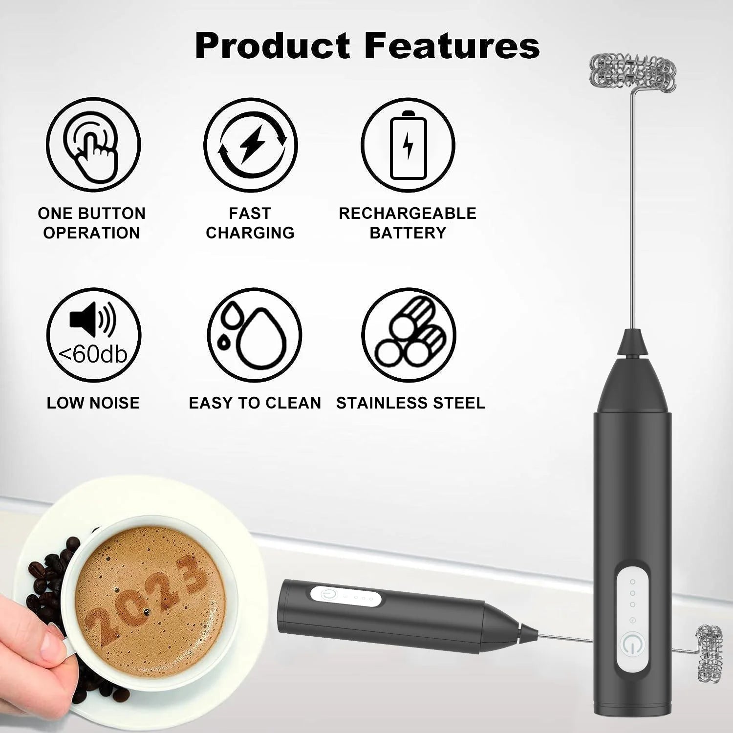 USB Rechargeable Milk Frother – 3 Speed Coffee Mixer