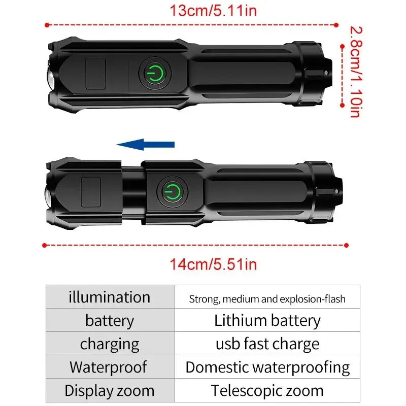 Rechargeable LED Flashlight | USB Waterproof Zoom Torch