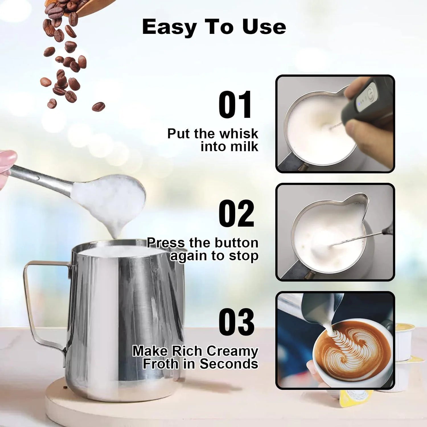 USB Rechargeable Milk Frother – 3 Speed Coffee Mixer